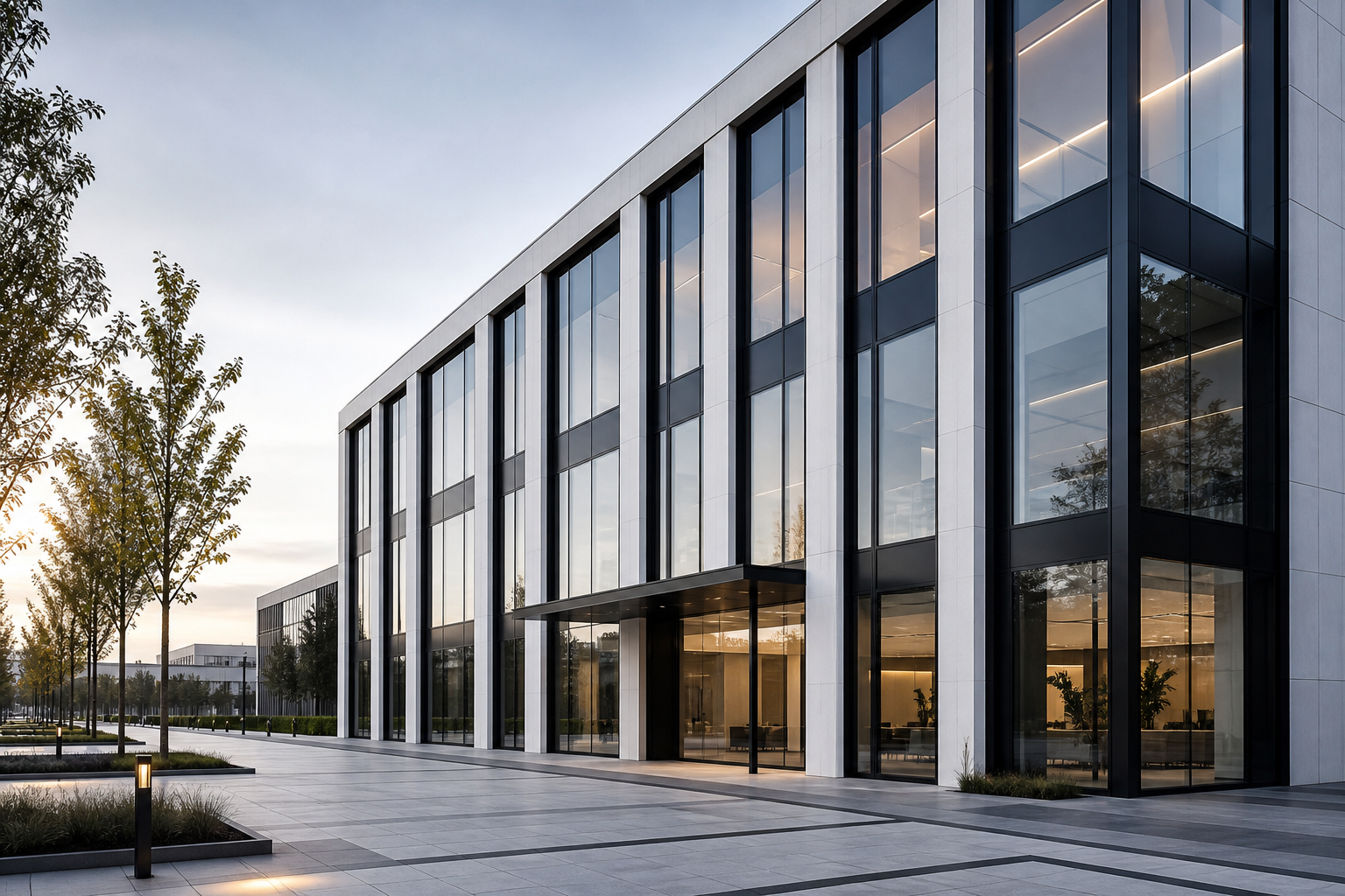 Fachada comercial contemporánea con módulos de vidrio