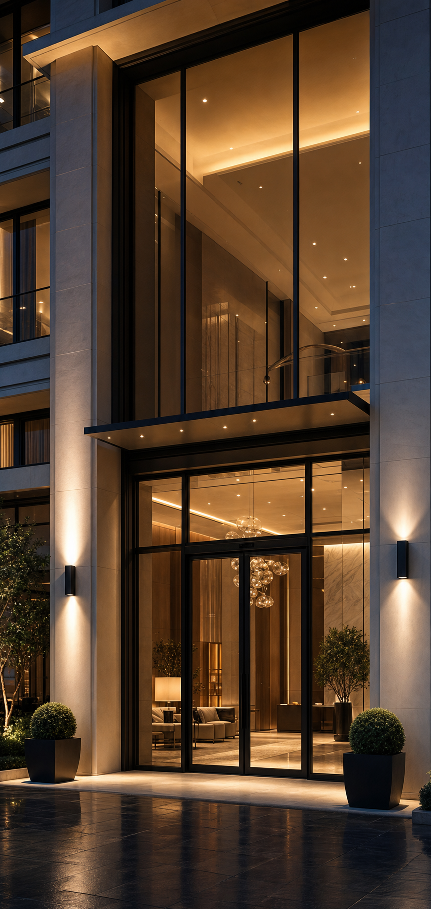 Acceso comercial premium con grandes puertas de vidrio