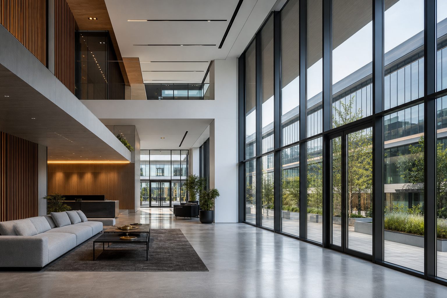 Lobby corporativo con ventanales de piso a techo
