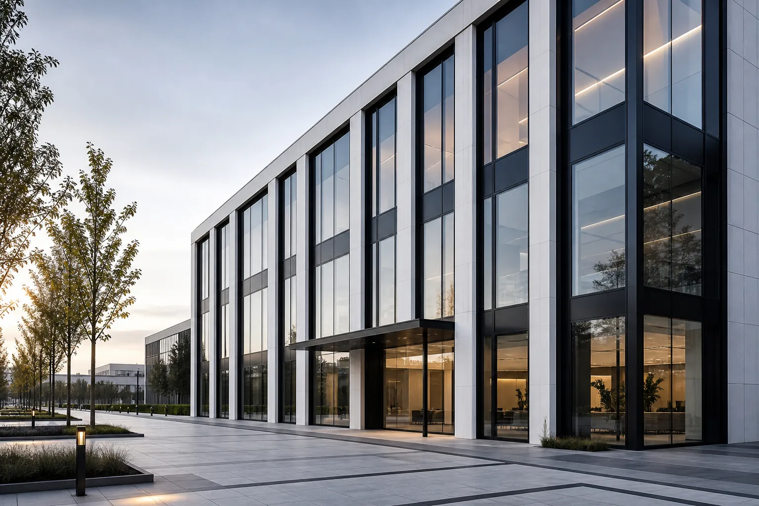 Fachada comercial contemporánea con ventanas de PVC modulares